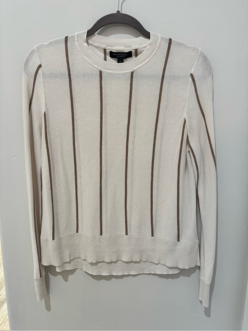 Banana Republic Silk Cotton Cream Sweater with Brown Vertical Stripes